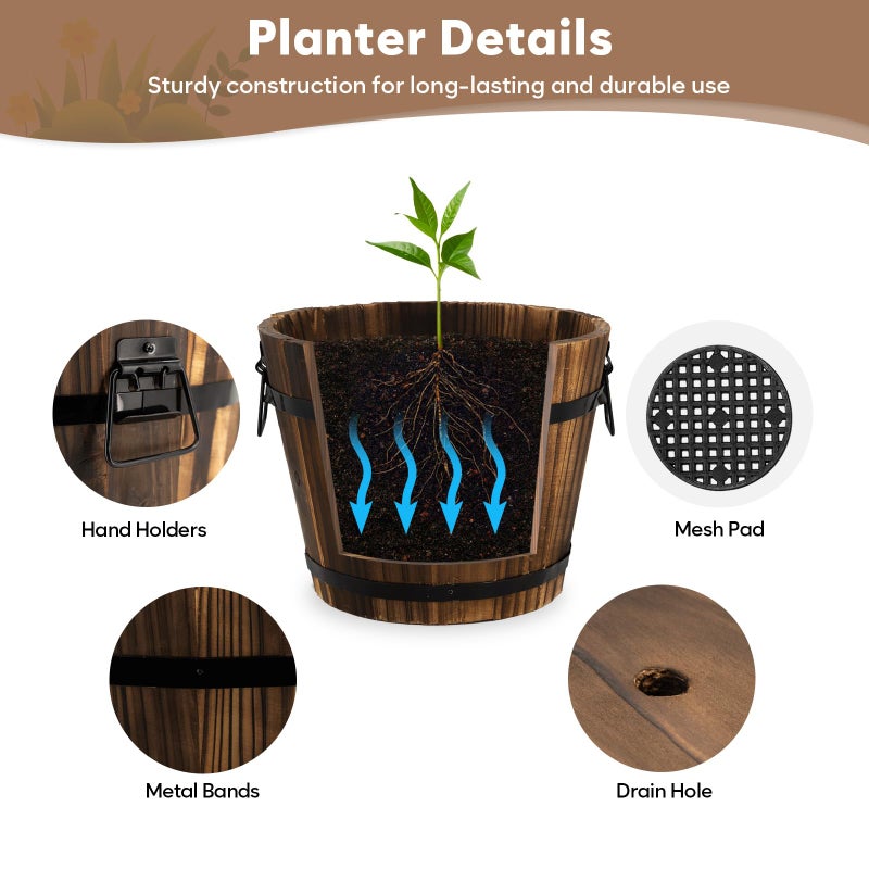 HAKKART Wooden Barrel Planters, 8 inch 7 inch Plant Pot with Drainage Holes for Indoor Plants Decor, Set of 2 - Image 4